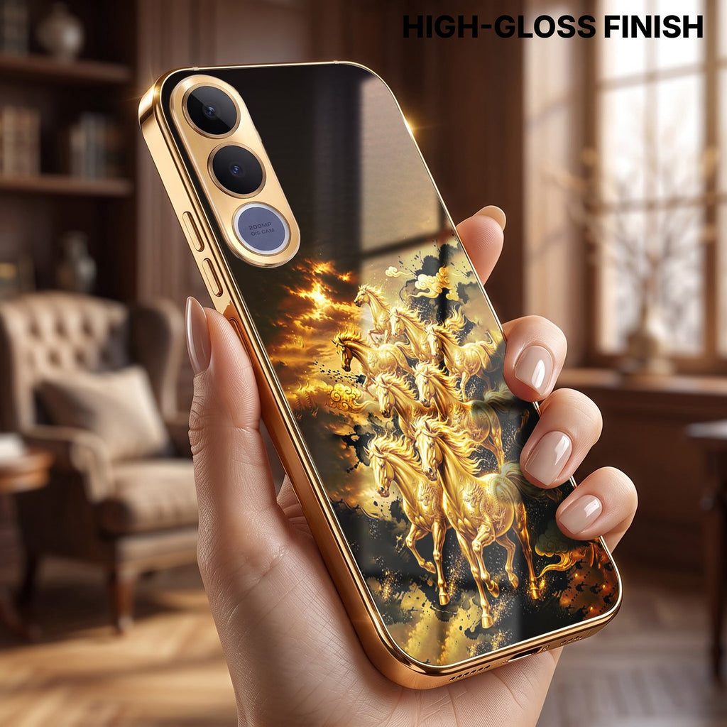 Vivo V70 FE 5G Horses Royal Glory Gold Electroplated Glass Phone Back Case