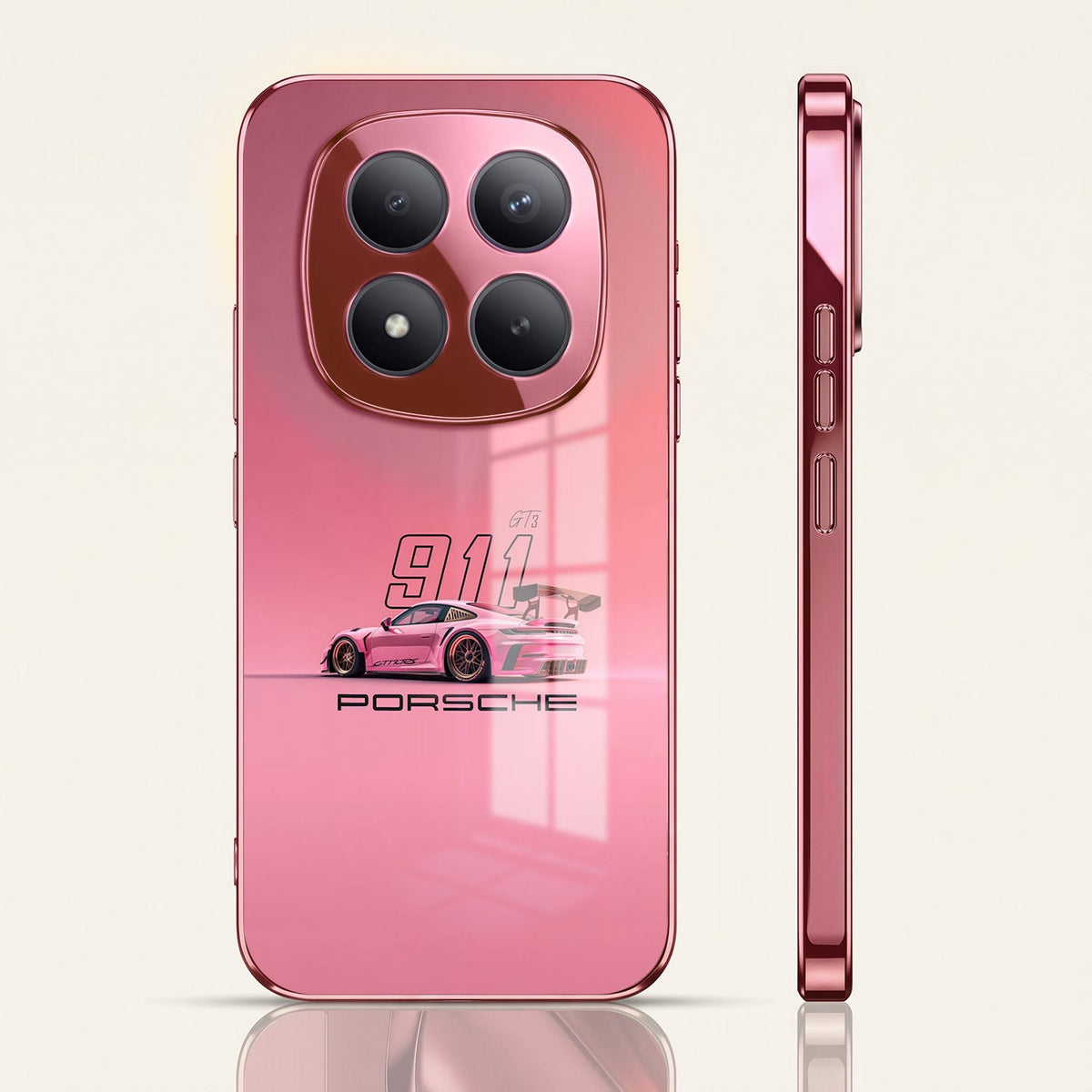Redmi Note 15 Pro+ 5G Luxury Porsche 911 Pink Electroplated Glass Phone Back Case
