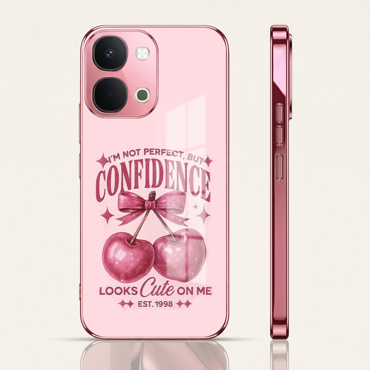 Vivo T5x 5G Luxury Cherry Bow Pink Electroplated Glass Phone Back Case