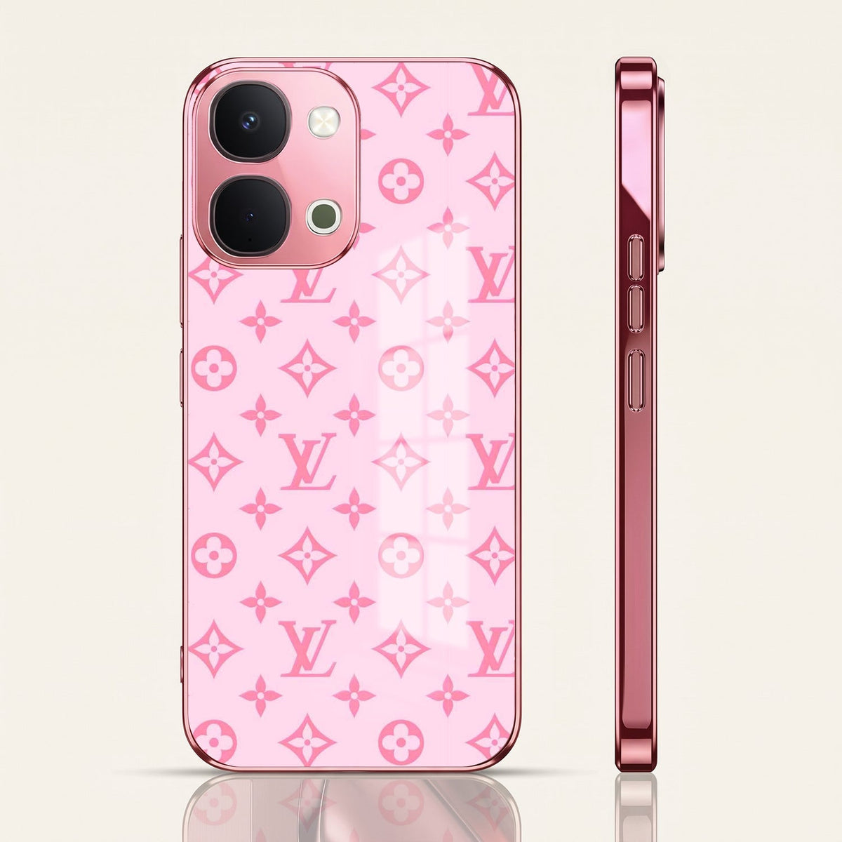 Vivo T5x 5G Luxury Monogram Pink Electroplated Glass Phone Back Case