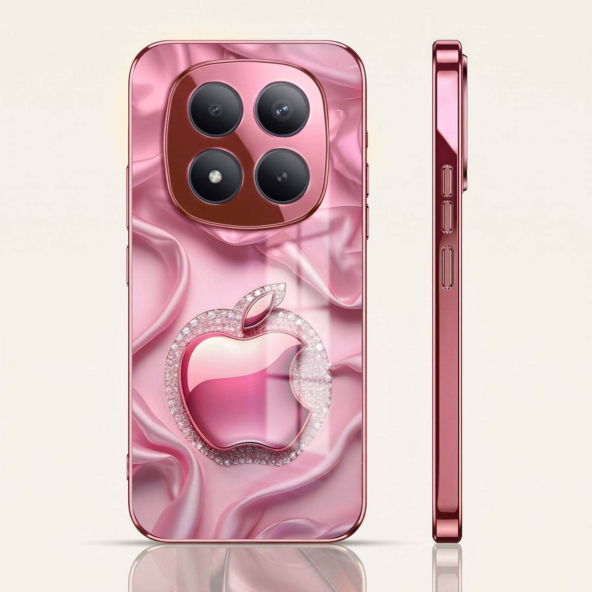 Redmi Note 15 Pro+ 5G Luxury Apple Logo Pink Electroplated Glass Phone Back Case