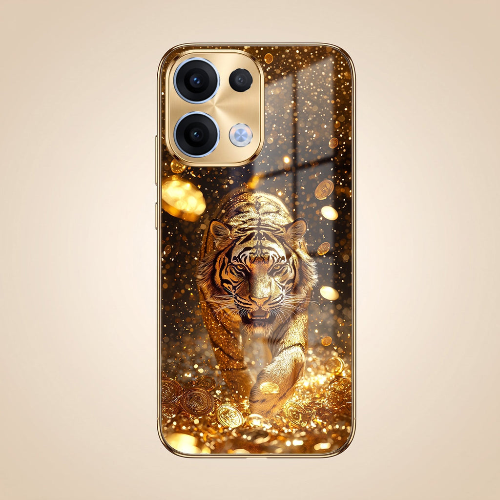 Oppo Reno 13 5G Luxury Tiger Gold Electroplated Glass Case