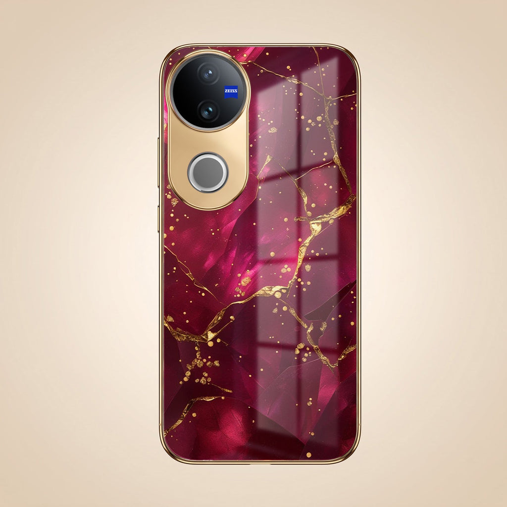 Vivo V50 5G Luxury Crimson Gold Marble Electroplated Glass Case