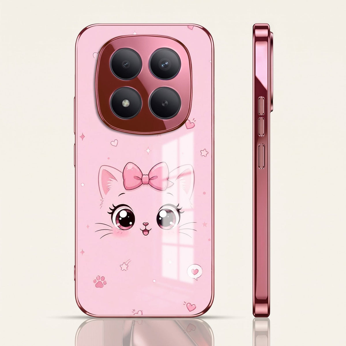Redmi Note 15 Pro+ 5G Luxury Cute Cat Pink Electroplated Glass Phone Back Case