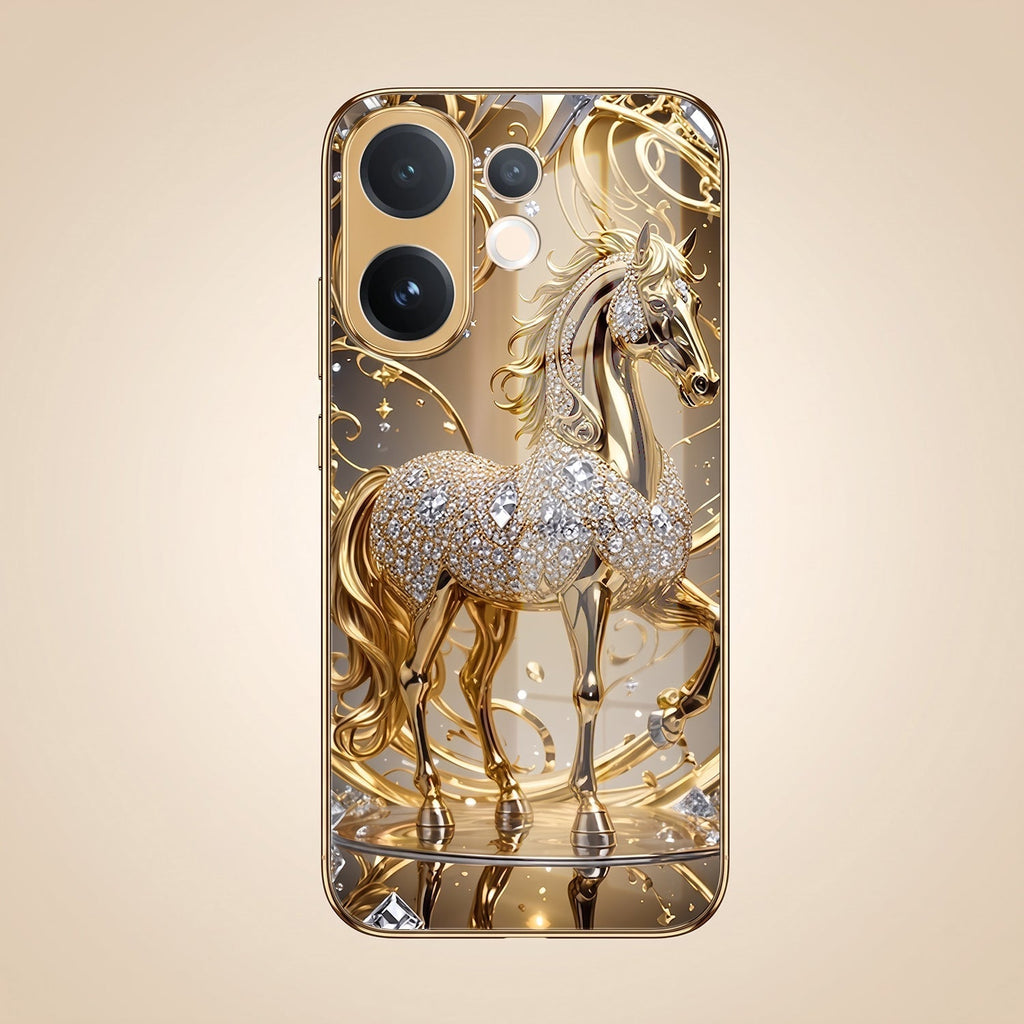 Vivo V60e 5G Luxury Horse Texture Gold Electroplated Glass Phone Back Case