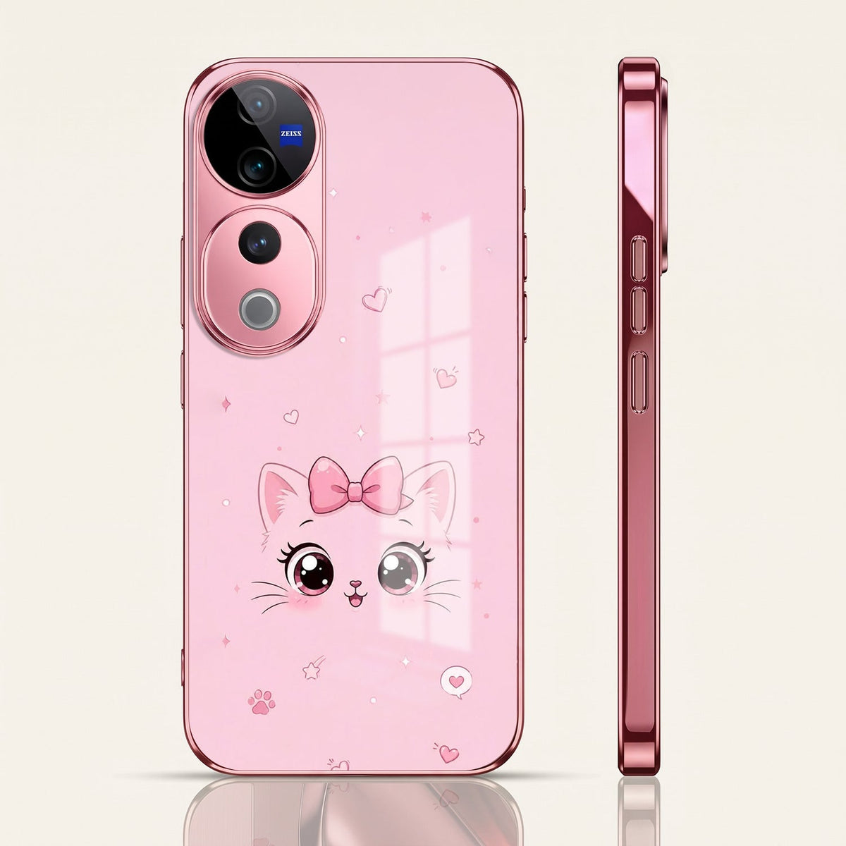 Vivo V40 Pro 5G Luxury Cute Cat Pink Electroplated Glass Phone Back Case