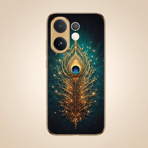 Vivo V60 5G Golden Peacock Feather Gold Electroplated Glass Phone Back Case