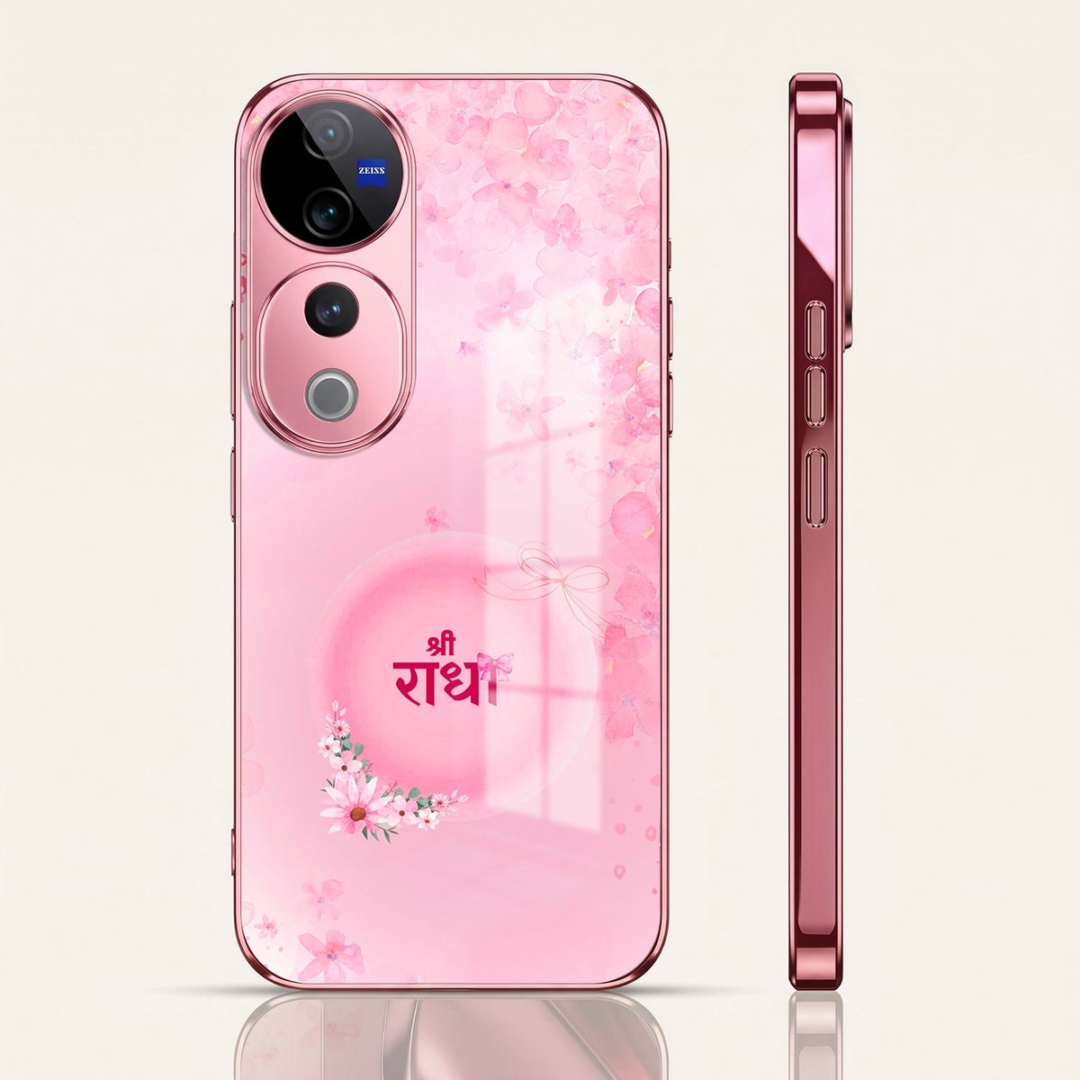 Vivo V40 Pro 5G Luxury Shree Radha Pink Electroplated Glass Phone Back Case