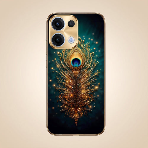 Oppo Reno 13 5G Golden Peacock Feather Gold Electroplated Glass Phone Back Case