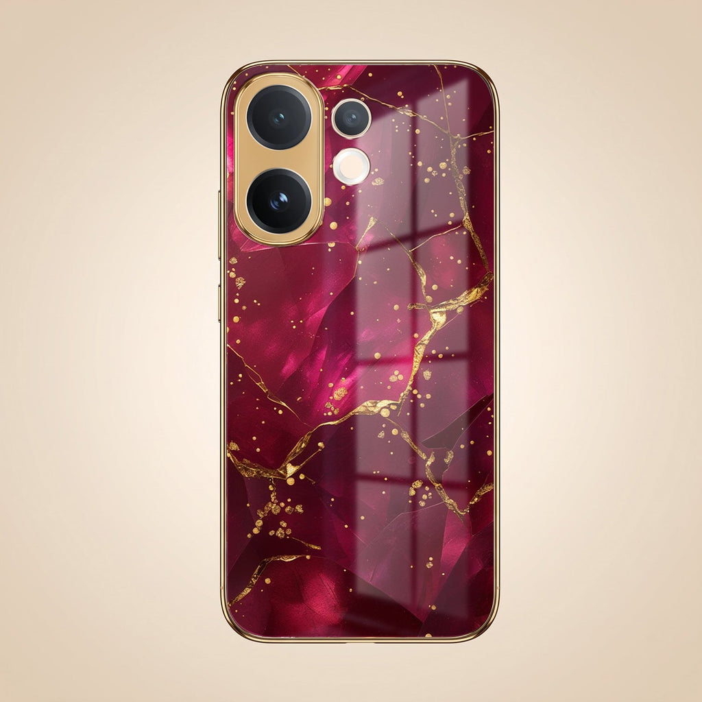 Vivo V60 5G Luxury Crimson Marble Gold Electroplated Glass Phone Back Case