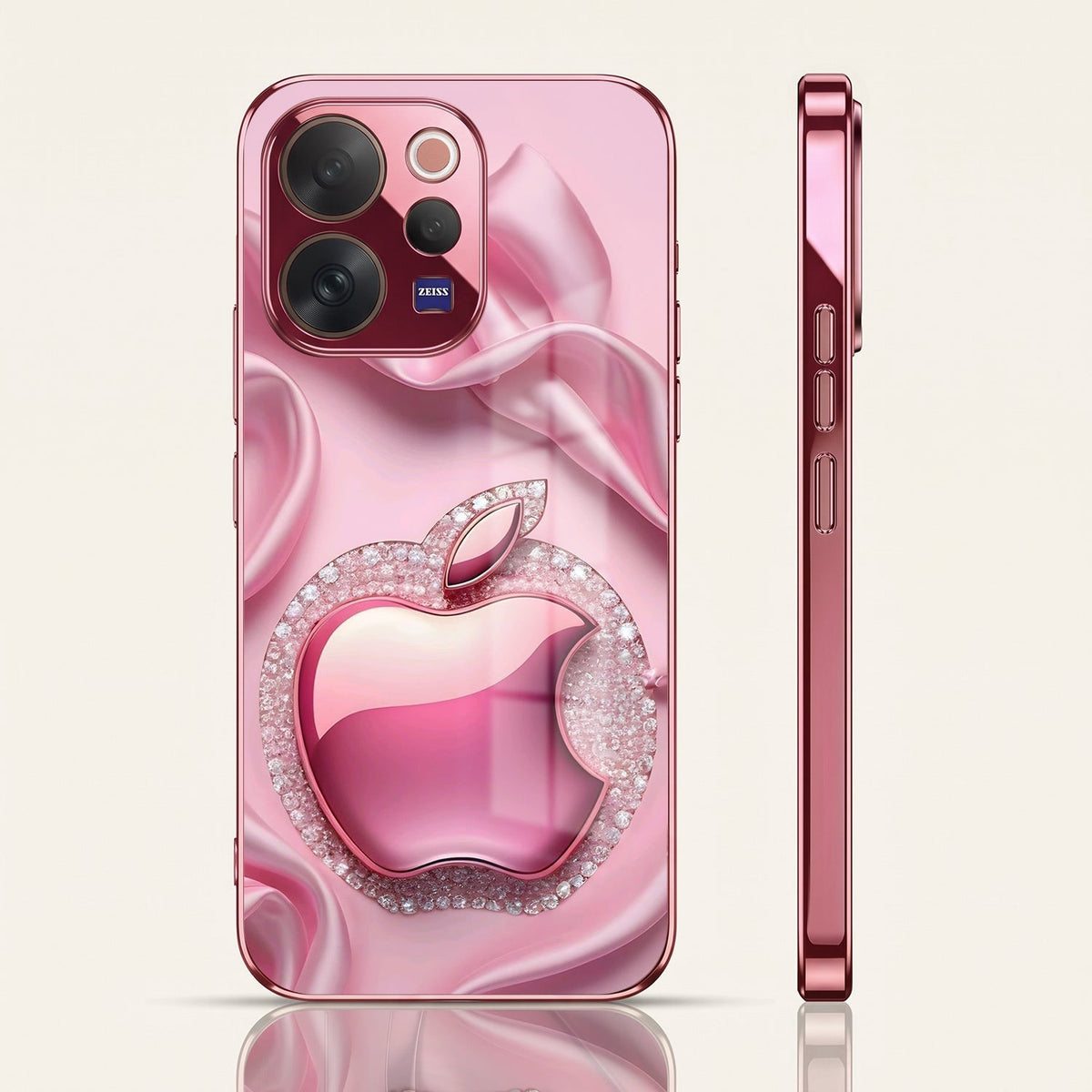 Vivo V70 5G Luxury Apple Logo Pink Electroplated Glass Phone Back Case