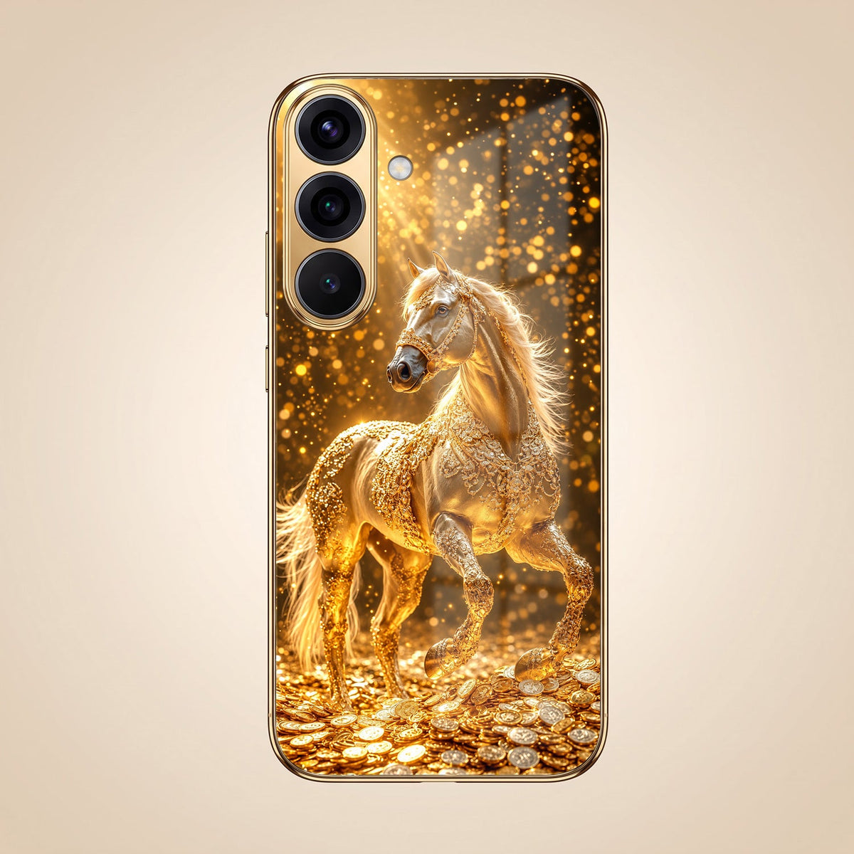 Samsung Galaxy A56 5G Golden Horse Sparkle Gold Electroplated Glass Phone Back Case