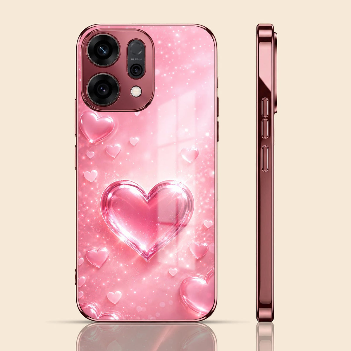 Oppo Reno 14 5G Luxury 3D Jelly Heart Pink Electroplated Glass Phone Back Case