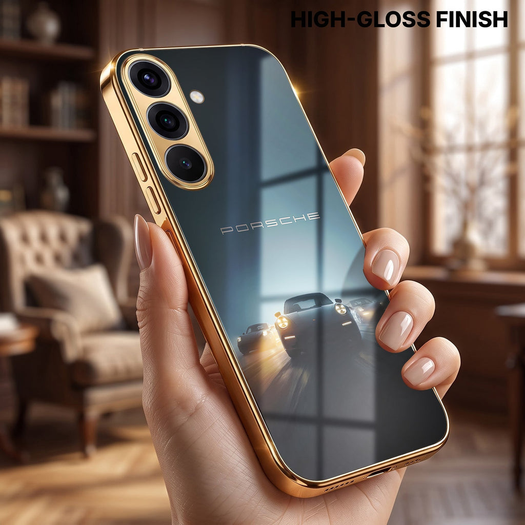 Samsung Galaxy A56 5G Porsche Luxury Gold Electroplated Glass Phone Back Case
