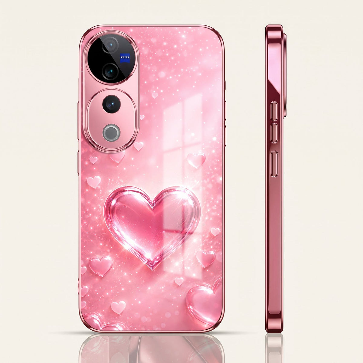 Vivo V40 Pro 5G Luxury 3D Jelly Heart Pink Electroplated Glass Phone Back Case