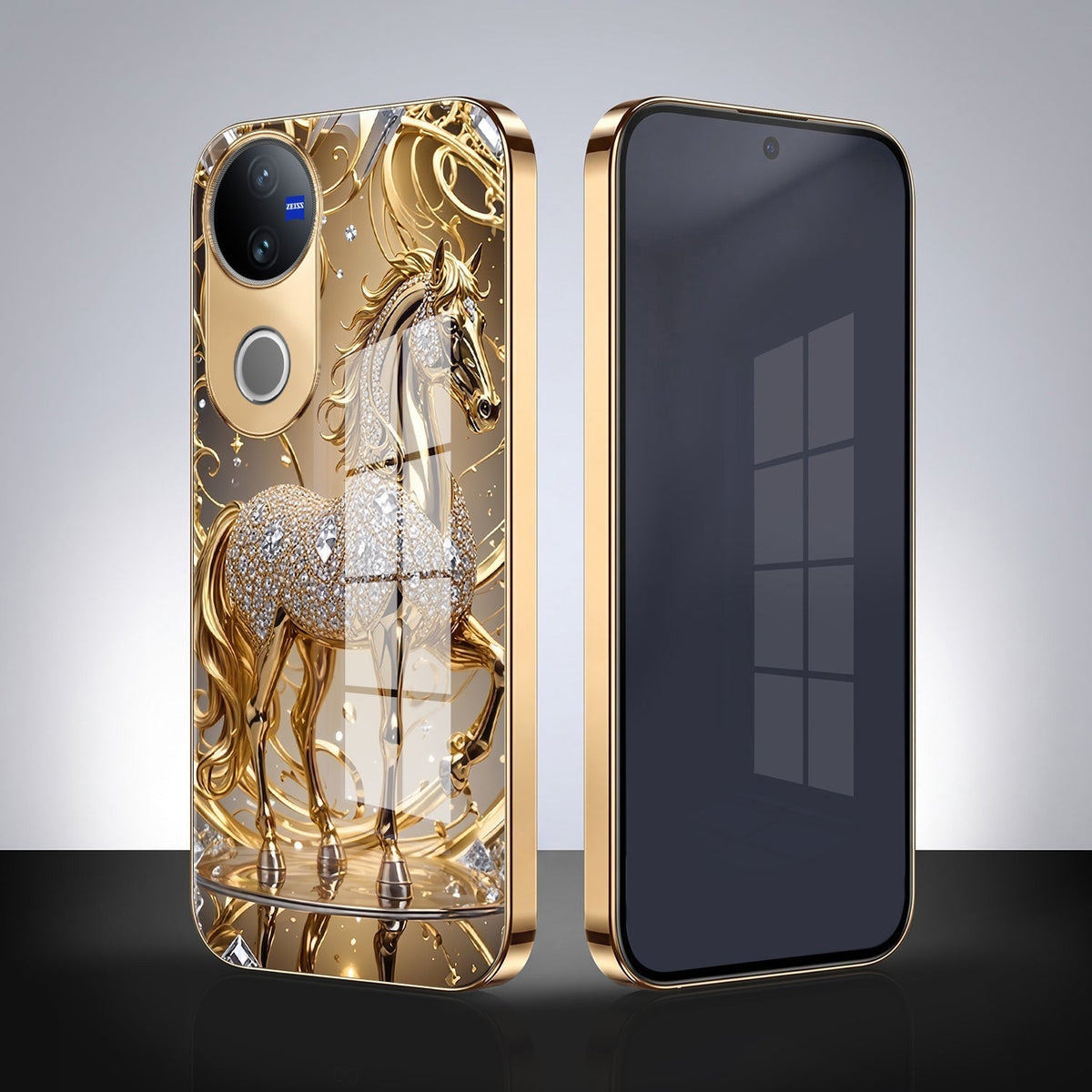 Vivo T4R 5G Luxury Horse Texture Gold Electroplated Glass Phone Back Case