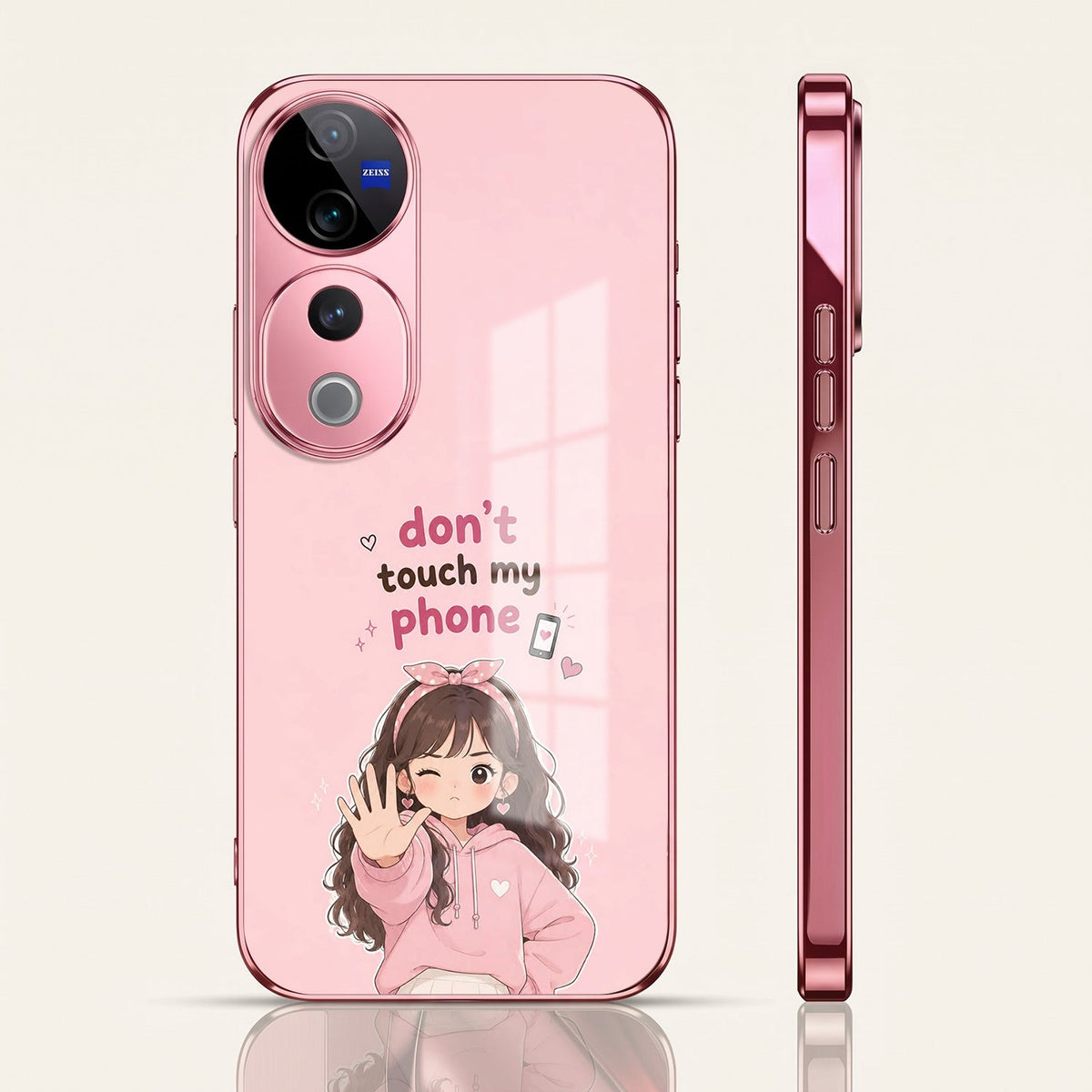 Vivo V40 Pro 5G Luxury Anime Girl Pink Electroplated Glass Phone Back Case