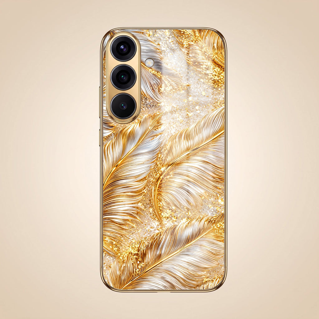 Samsung Galaxy A56 5G Golden Feather Marble Gold Electroplated Glass Phone Back Case