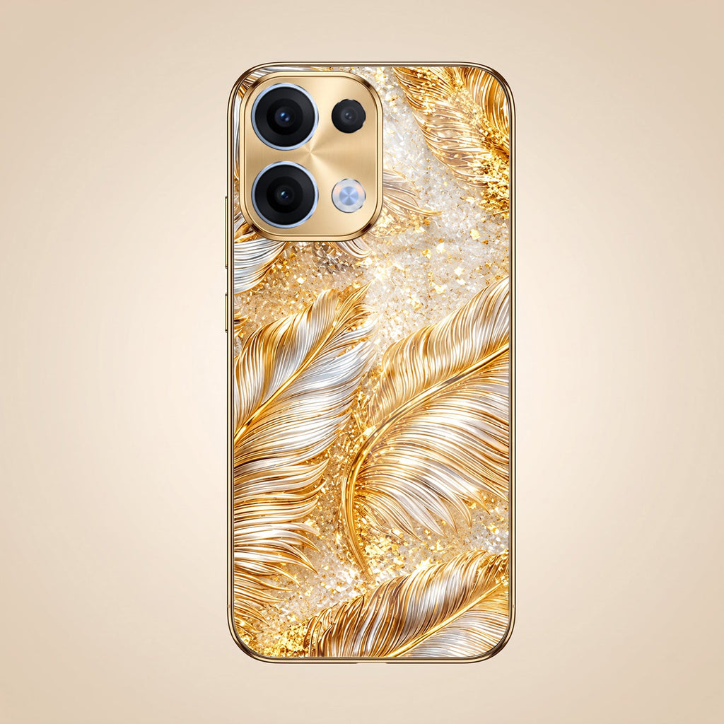 Oppo Reno 13 5G Golden Feather Marble Gold Electroplated Glass Phone Back Case