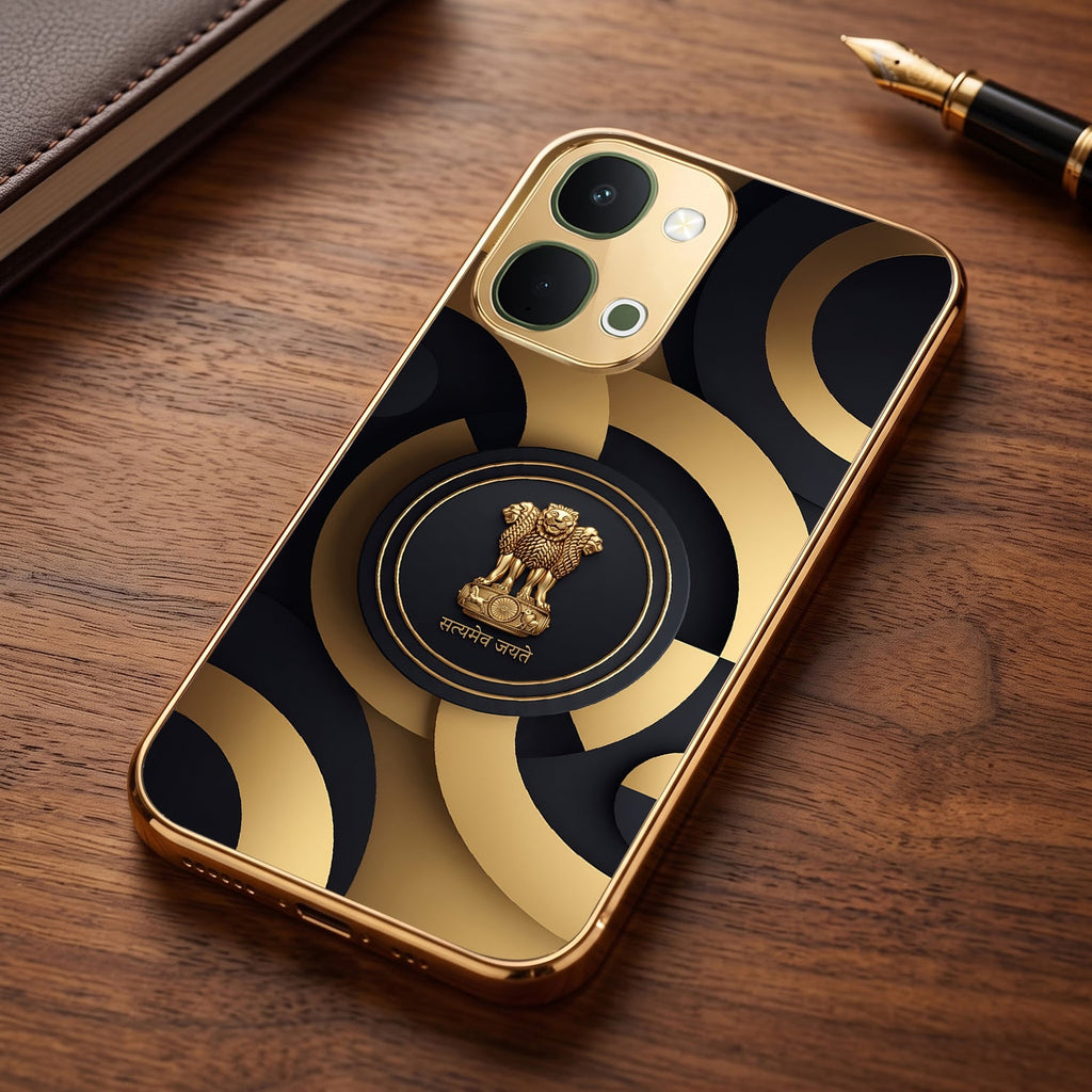 Vivo T5x 5G Royal Emblem Gold Electroplated Glass Phone Back Case