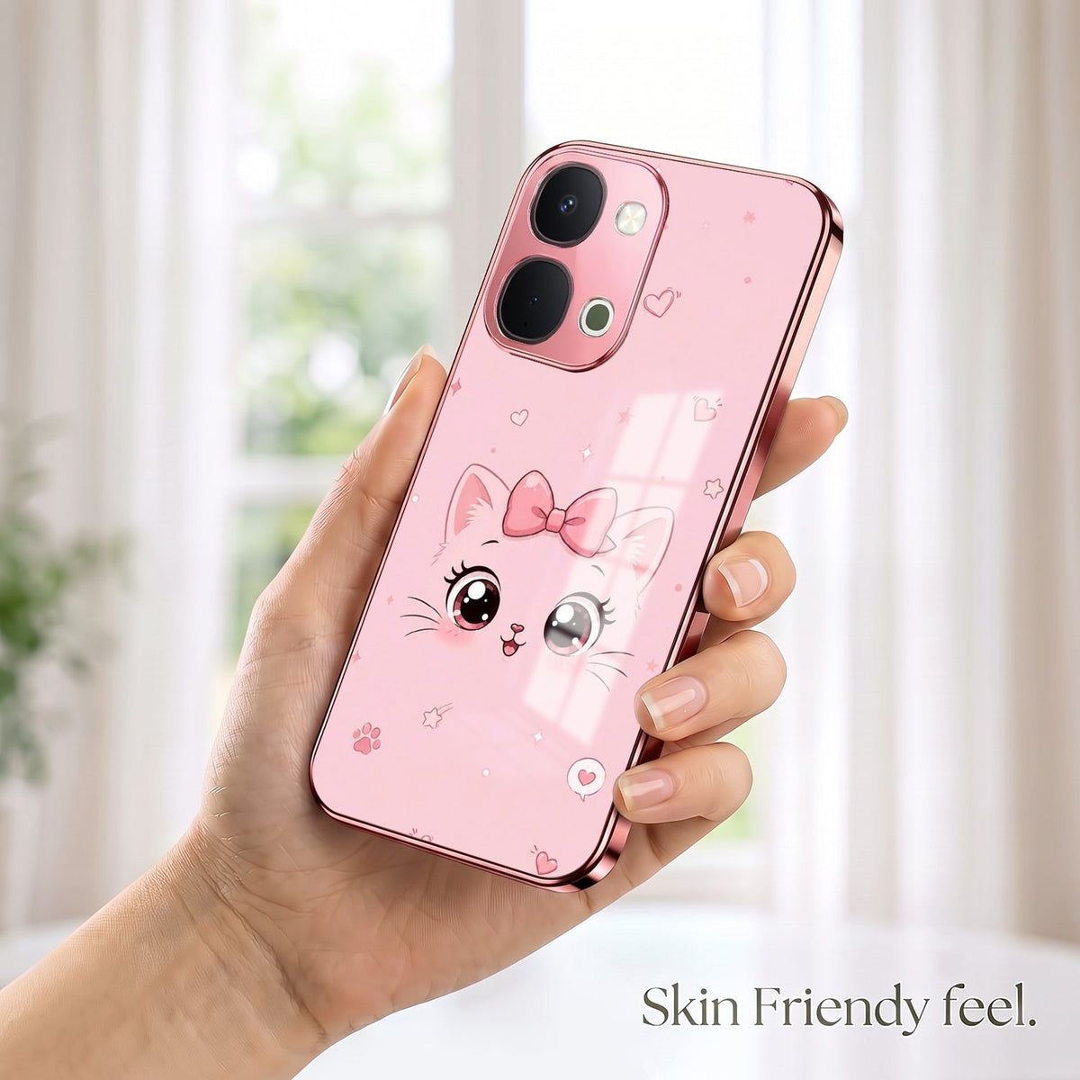 Vivo T5x 5G Luxury Cute Cat Pink Electroplated Glass Phone Back Case