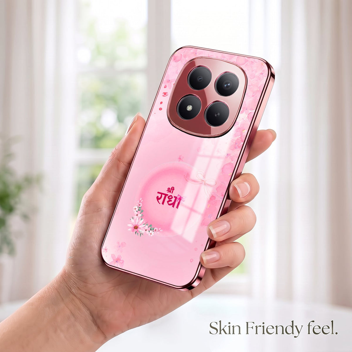 Redmi Note 15 Pro+ 5G Luxury Shree Radha Pink Electroplated Glass Phone Back Case