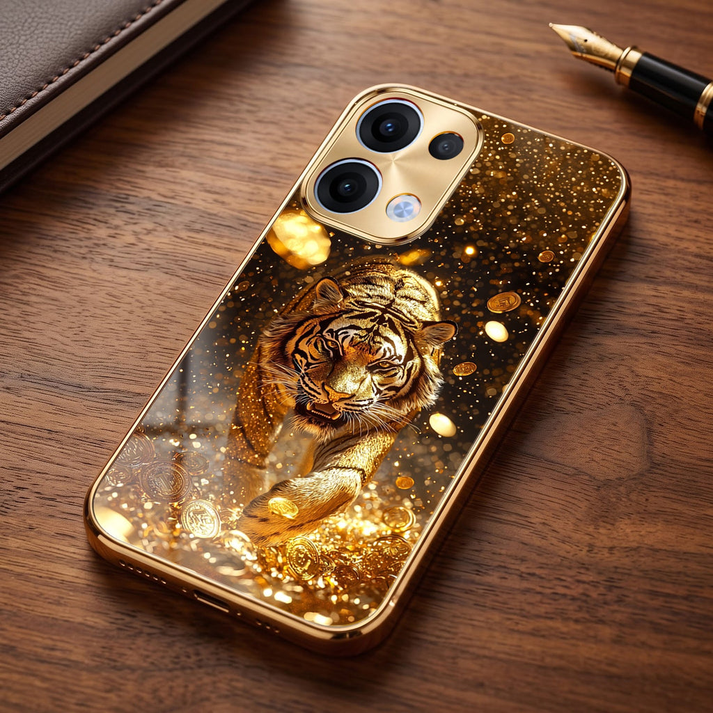 Oppo Reno 13 5G Luxury Tiger Gold Electroplated Glass Case