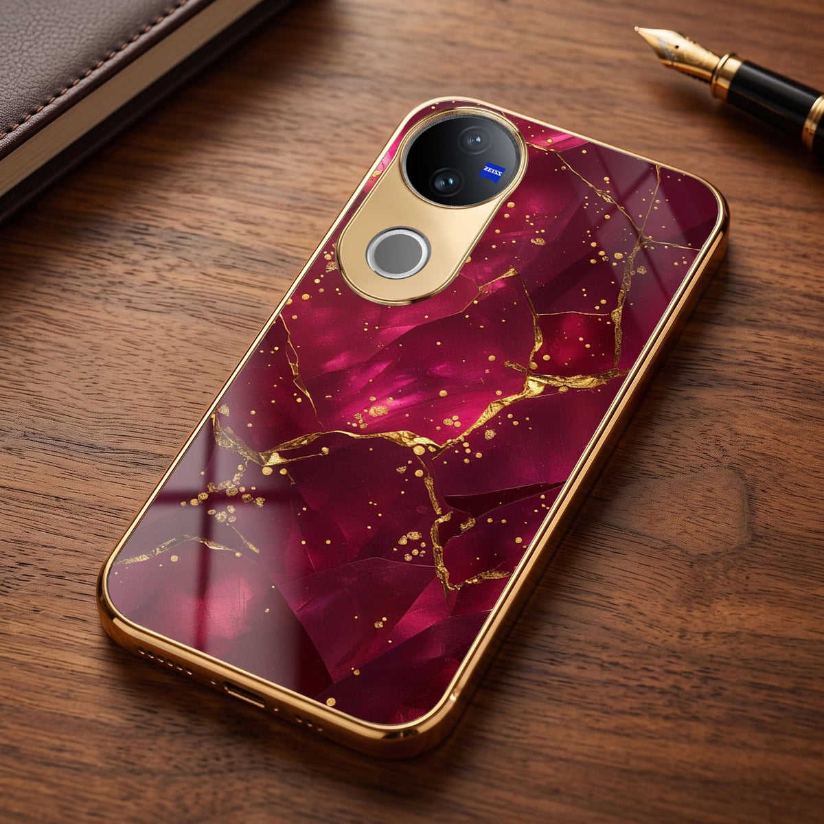 Vivo V50 5G Luxury Crimson Gold Marble Electroplated Glass Case