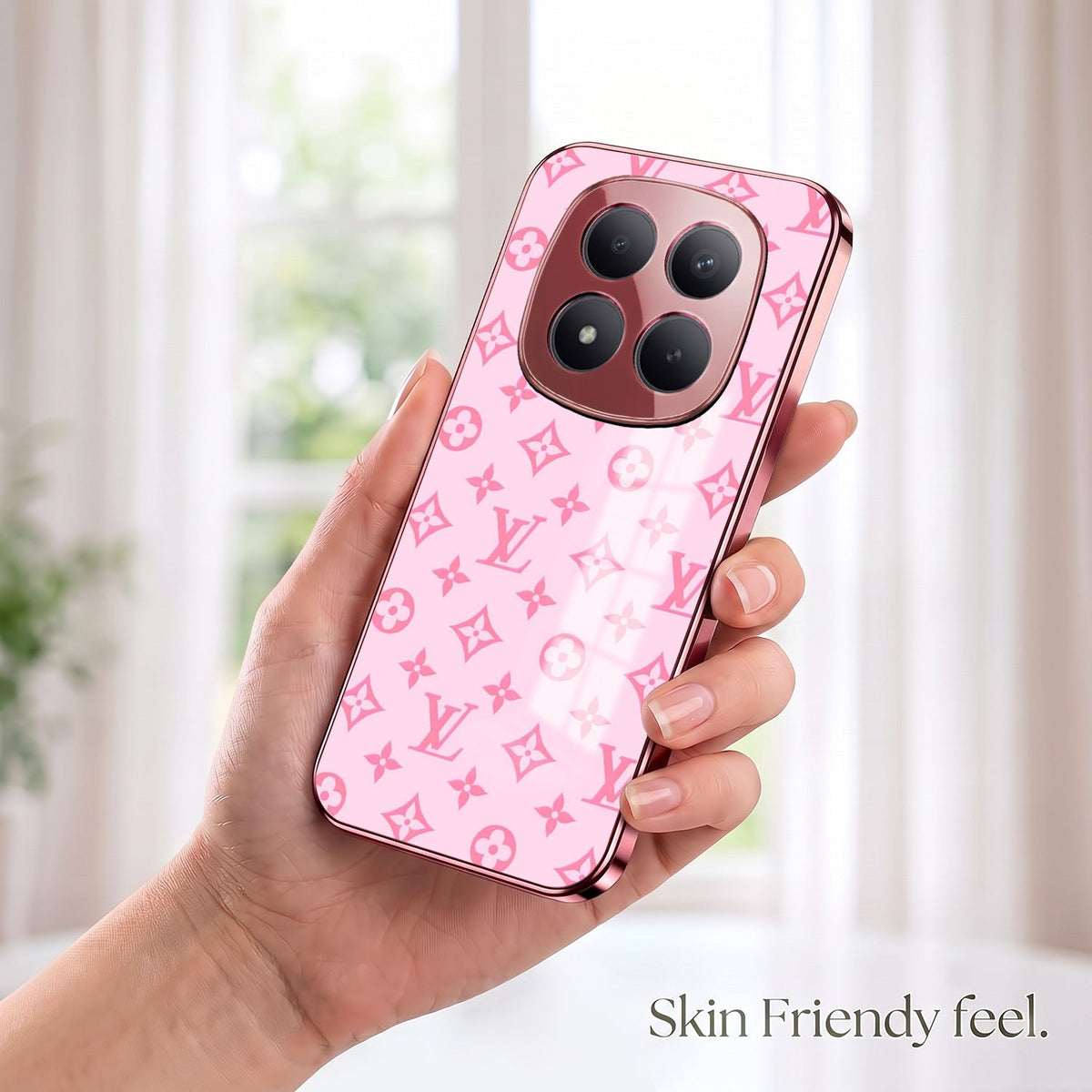 Redmi Note 15 Pro+ 5G Luxury Monogram Pink Electroplated Glass Phone Back Case