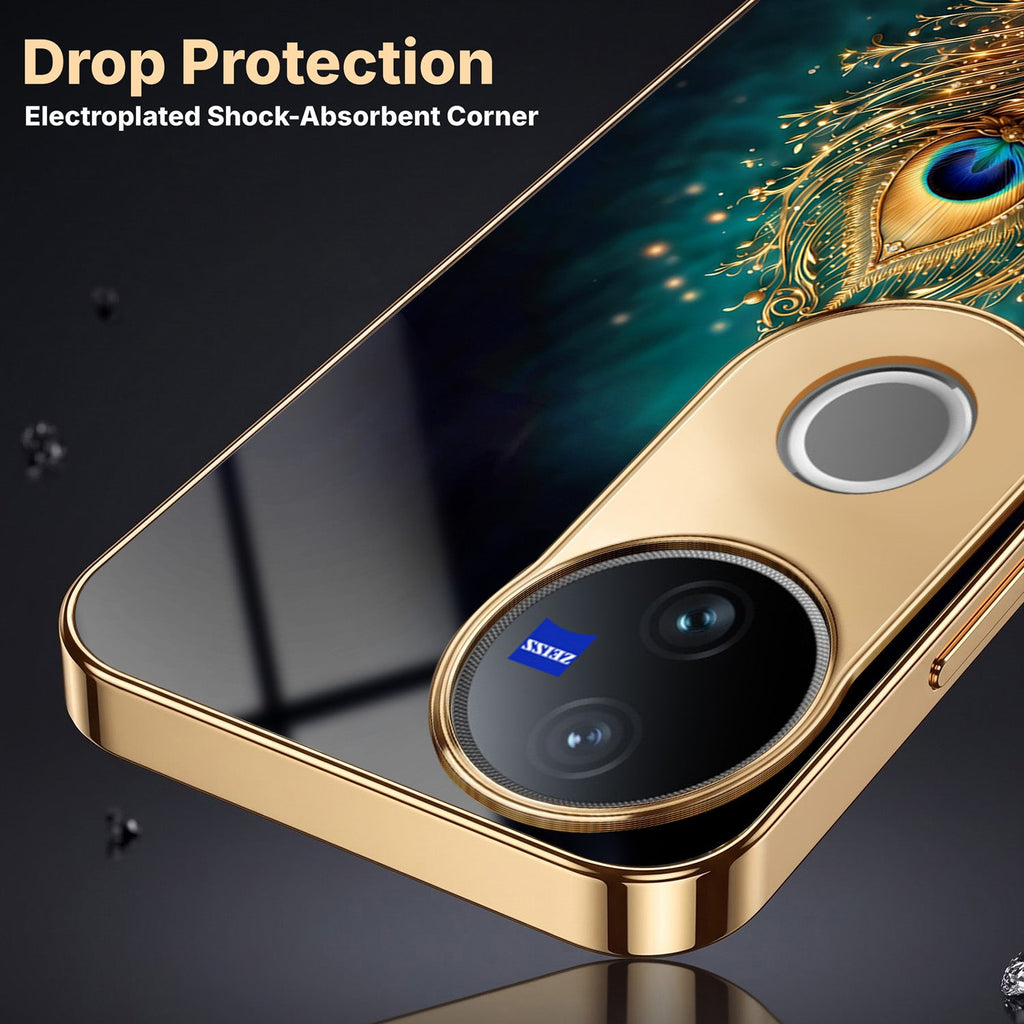 Vivo T4R 5G Golden Peacock Feather Gold Electroplated Glass Phone Back Case