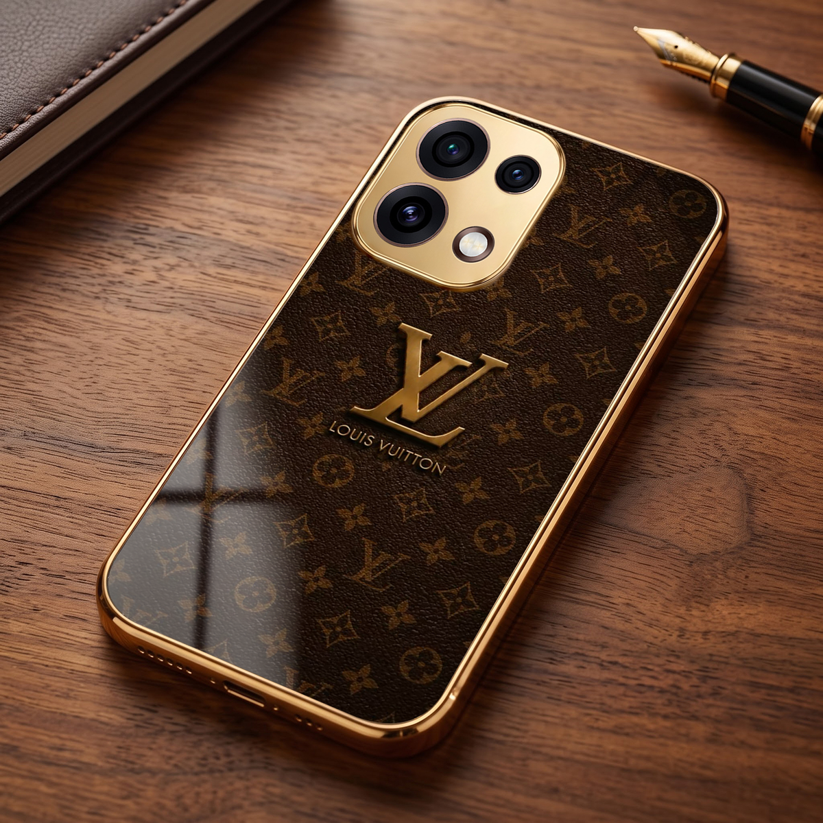Oppo Reno 16C 5G LV Brown Monogram Gold Electroplated Glass Phone Back Case