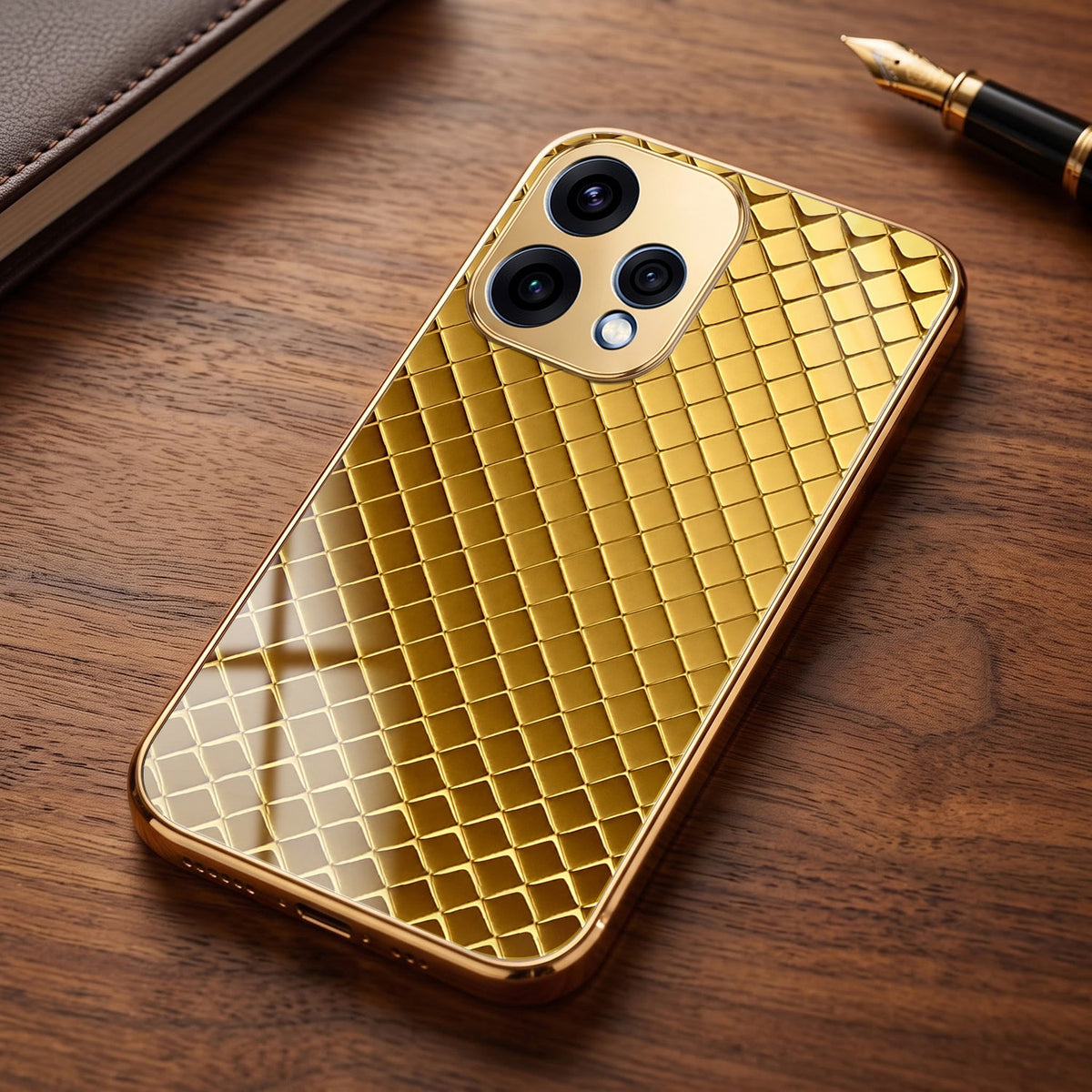 Oppo Reno 15 5G Golden Criss Cross Gold Electroplated Glass Phone Back Case