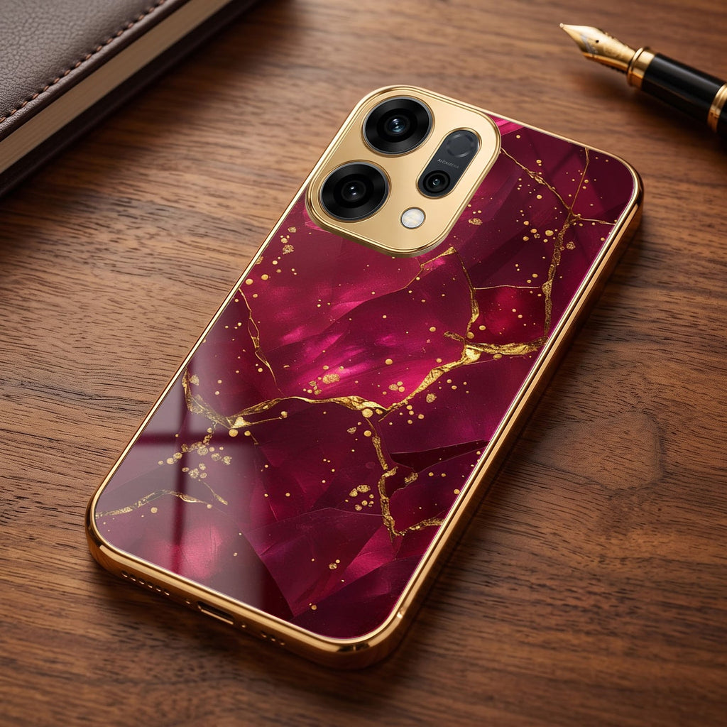 Oppo Reno 14 5G Luxury Crimson Gold Marble Electroplated Glass Case