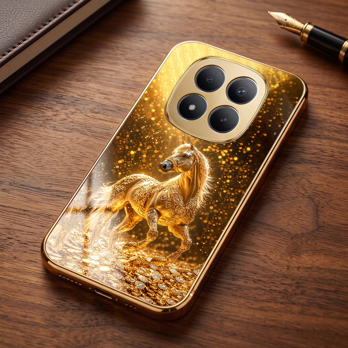 Redmi Note 15 Pro+ 5G Golden Horse Sparkle Gold Electroplated Glass Phone Back Case