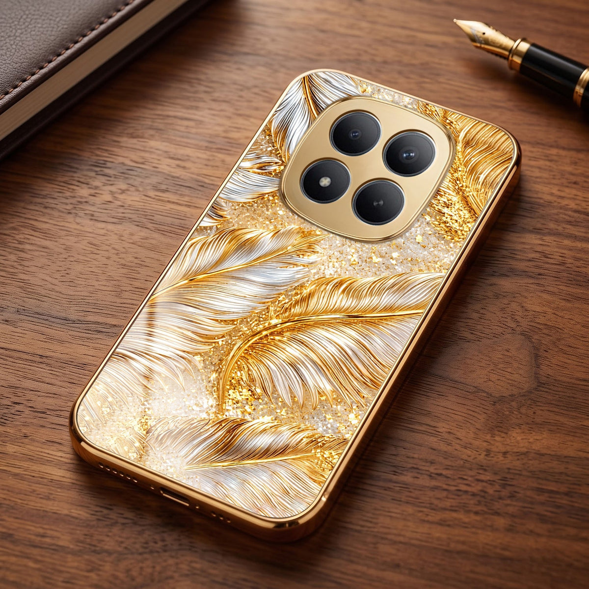 Redmi Note 15 Pro+ 5G Golden Feather Marble Gold Electroplated Glass Phone Back Case