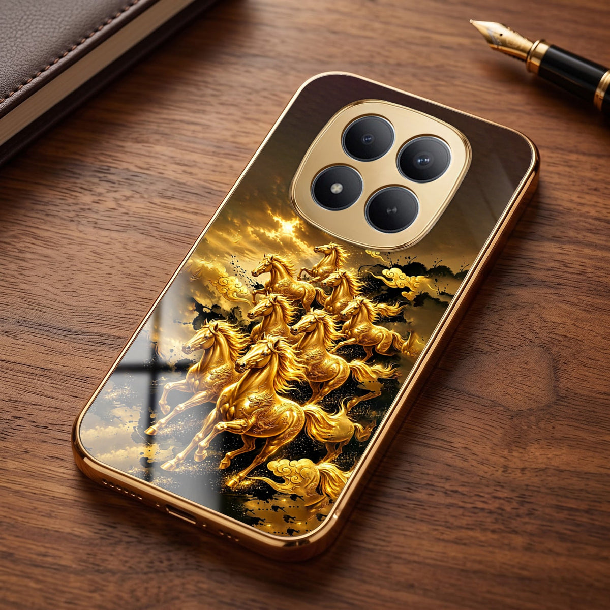 Redmi Note 15 Pro+ 5G Horses Royal Glory Gold Electroplated Glass Phone Back Case