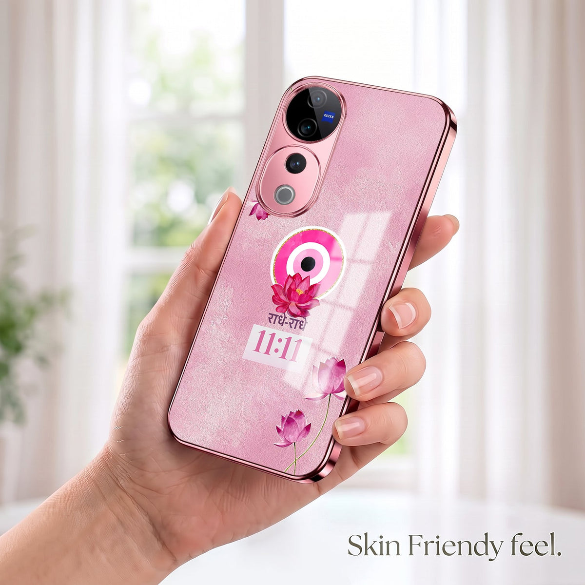Vivo V40 Pro 5G Luxury Radhe Radhe 11:11 Pink Electroplated Glass Phone Back Case