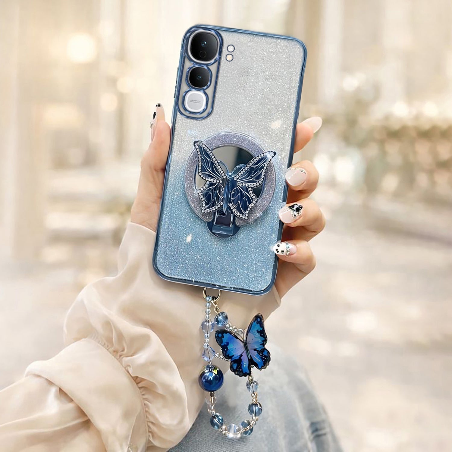 Vivo Y300 5G Stunning Shimmer Electroplating Butterfly Stand Charm Case