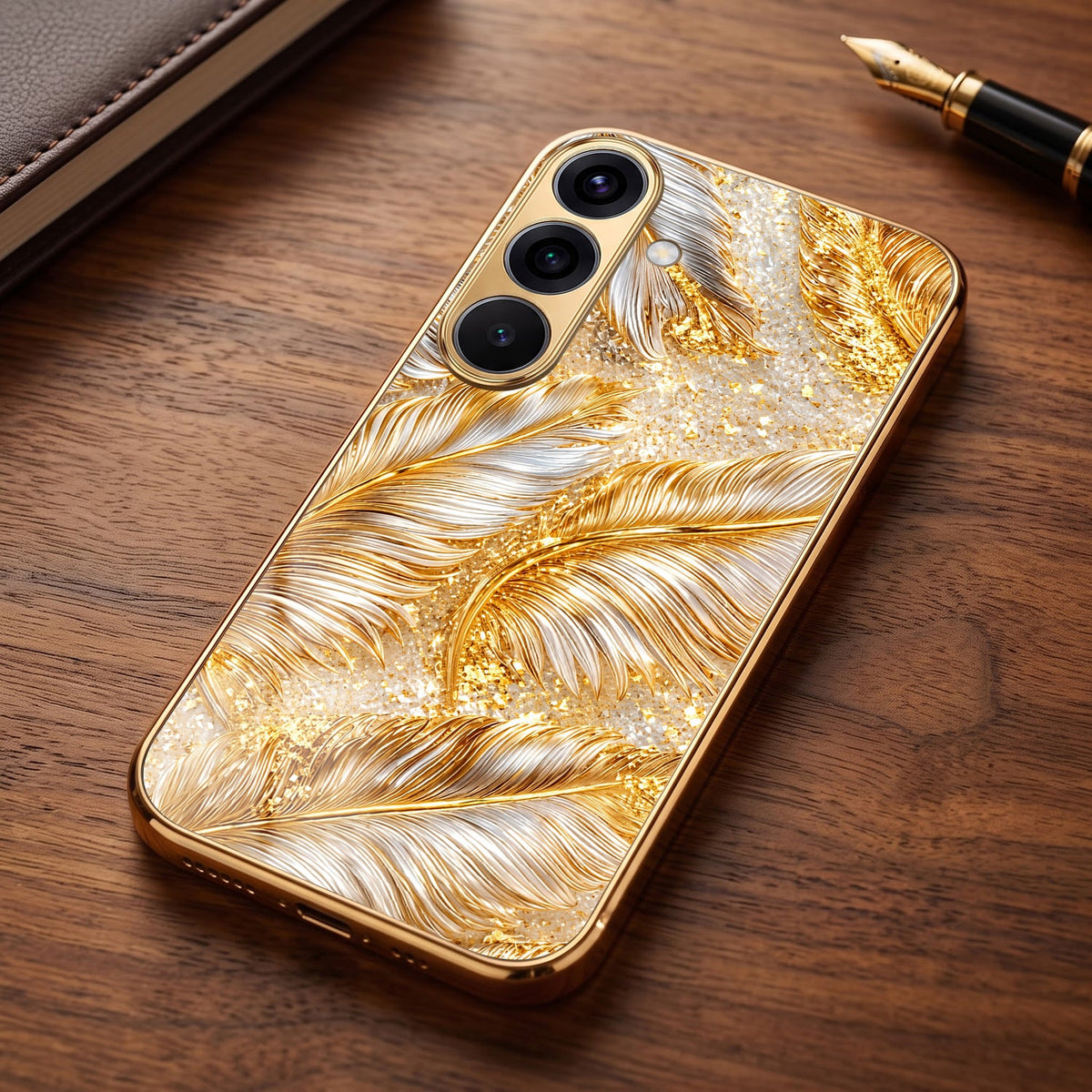 Samsung Galaxy A56 5G Golden Feather Marble Gold Electroplated Glass Phone Back Case