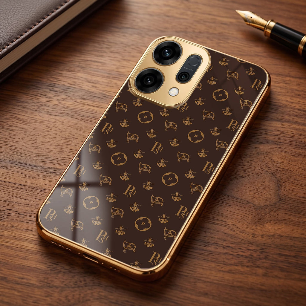 Oppo Reno 14 5G Luxury Monogram Brown Electroplated Gold Glass Case