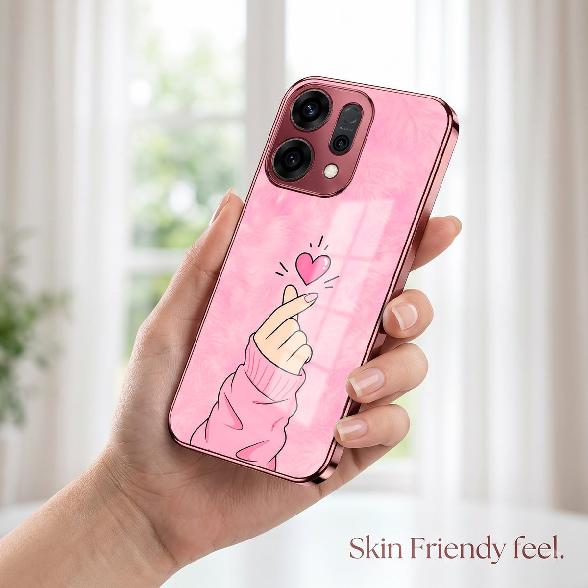 Oppo Reno 14 5G Luxury Heart Pink Electroplated Glass Phone Back Case