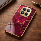 Redmi Note 15 Pro Plus 5G Luxury Crimson Marble Gold Electroplated Glass Phone Back Case