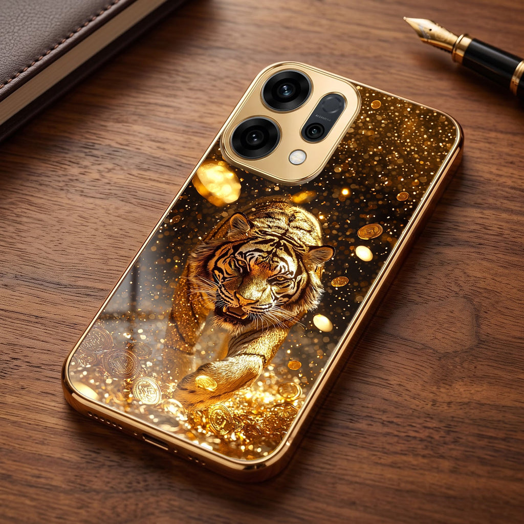 Oppo Reno 14 5G Luxury Tiger Gold Electroplated Glass Case