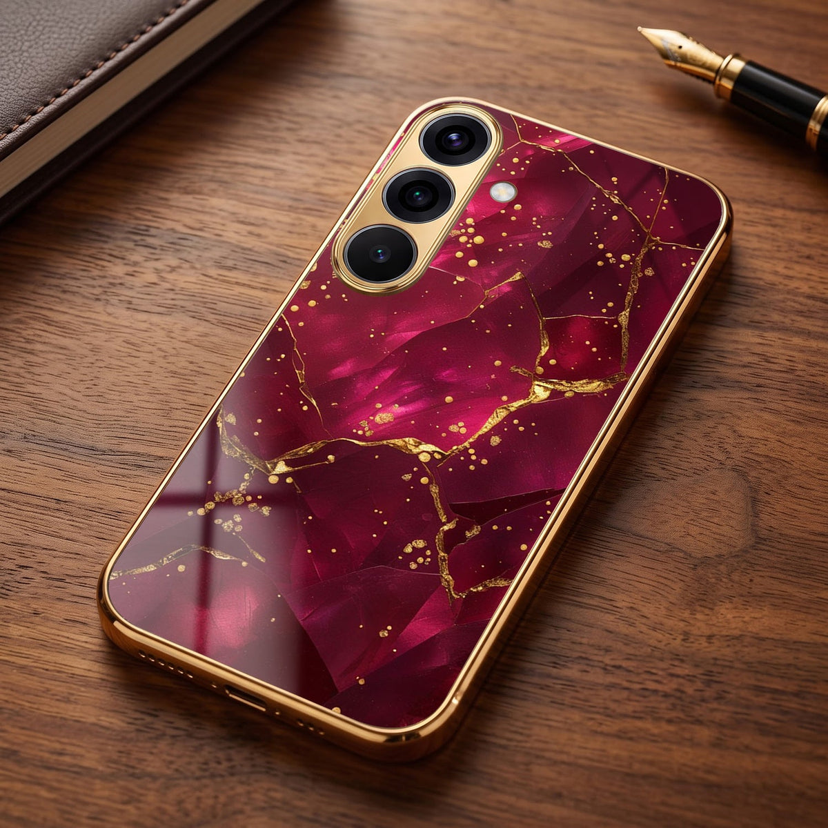 Samsung Galaxy A36 5G Luxury Crimson Marble Gold Electroplated Glass Phone Back Case