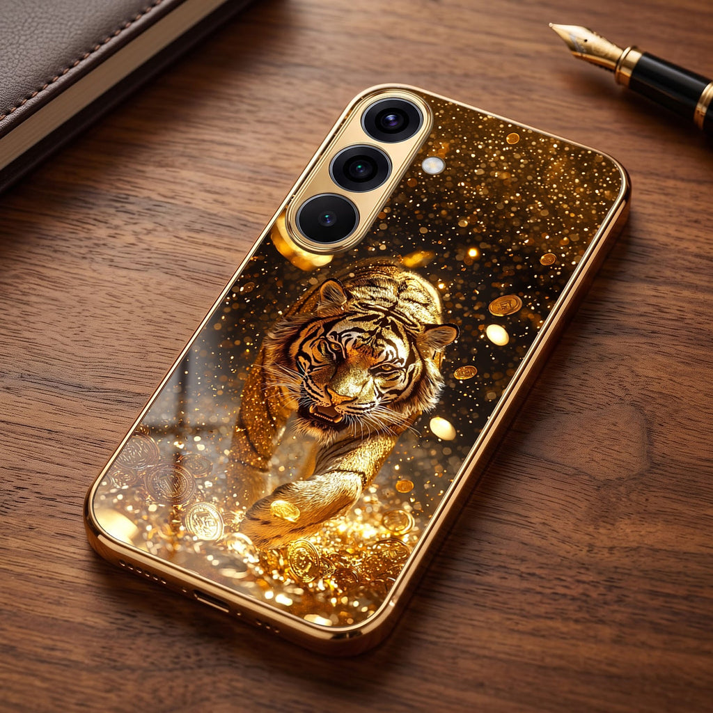 Samsung Galaxy A36 5G Luxury Tiger Gold Electroplated Glass Phone Back Case