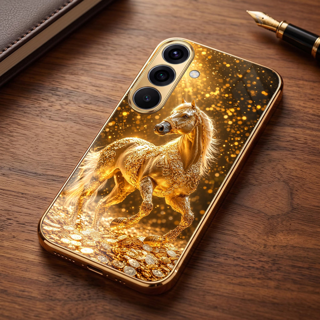Samsung Galaxy A56 5G Golden Horse Sparkle Gold Electroplated Glass Phone Back Case