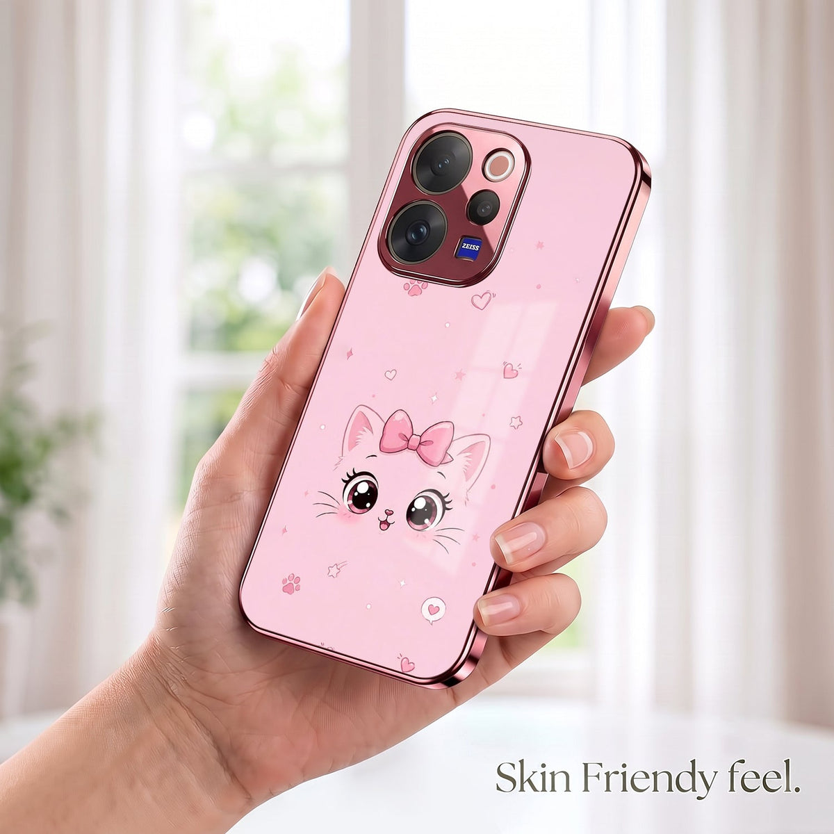 Vivo V70 5G Luxury Cute Cat Pink Electroplated Glass Phone Back Case
