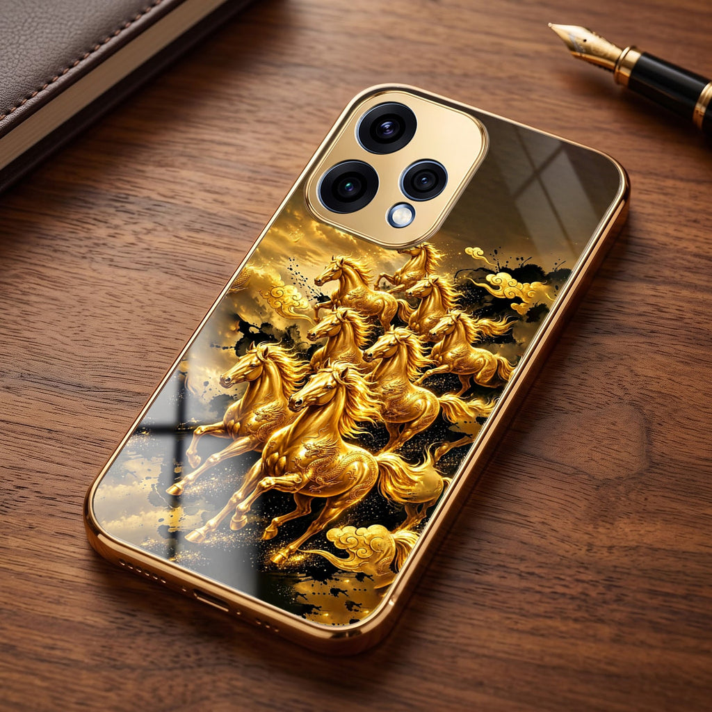 Oppo Reno 15 5G Horses Royal Glory Gold Electroplated Glass Phone Back Case