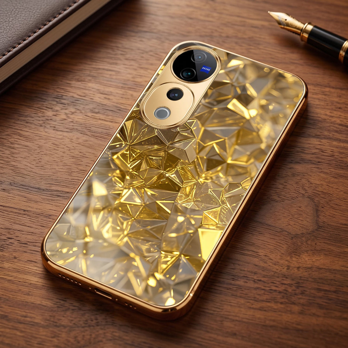 Vivo V40 Pro 5G Golden Diamond Shatter Gold Electroplated Glass Phone Back Case