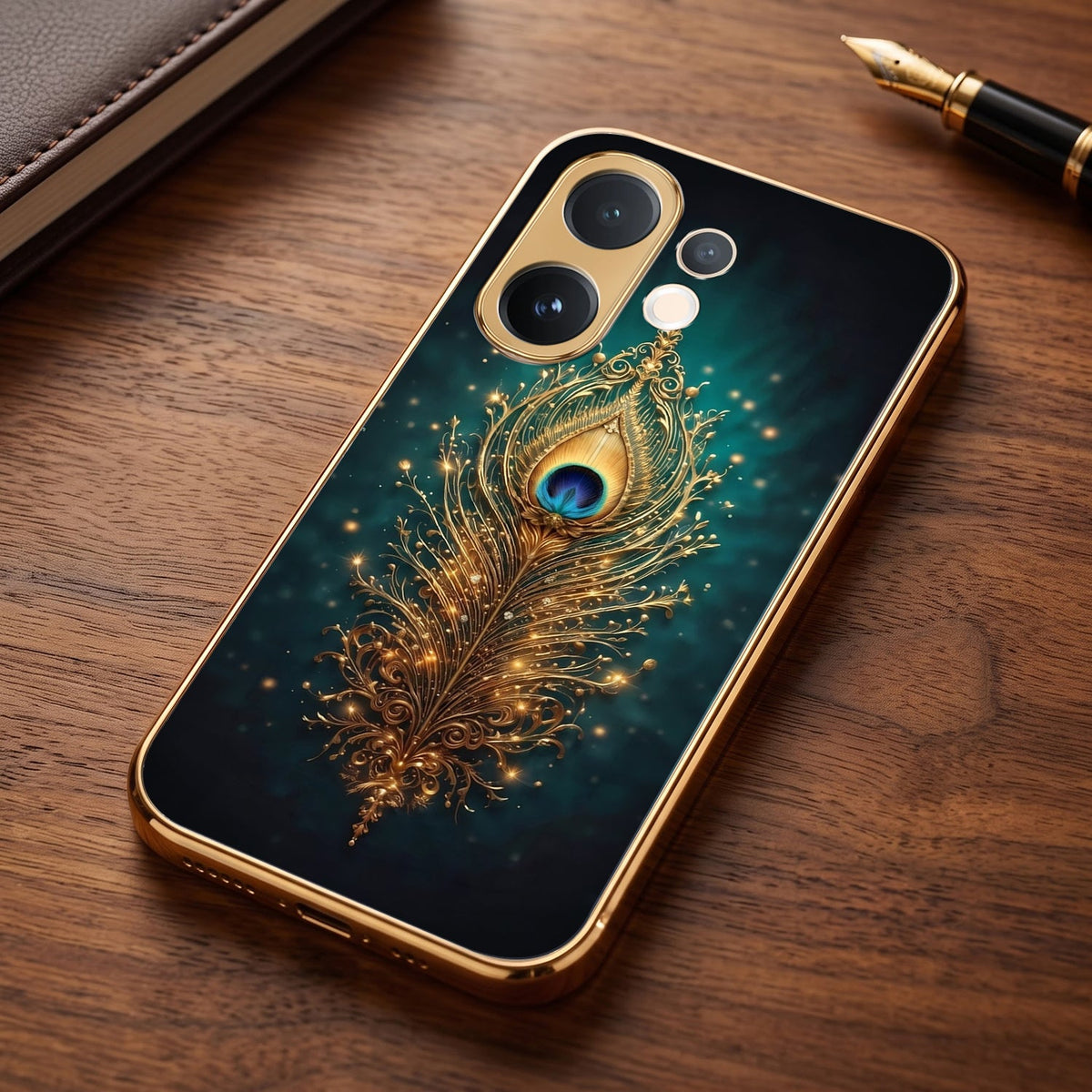 Vivo V60e 5G Golden Peacock Feather Gold Electroplated Glass Phone Back Case